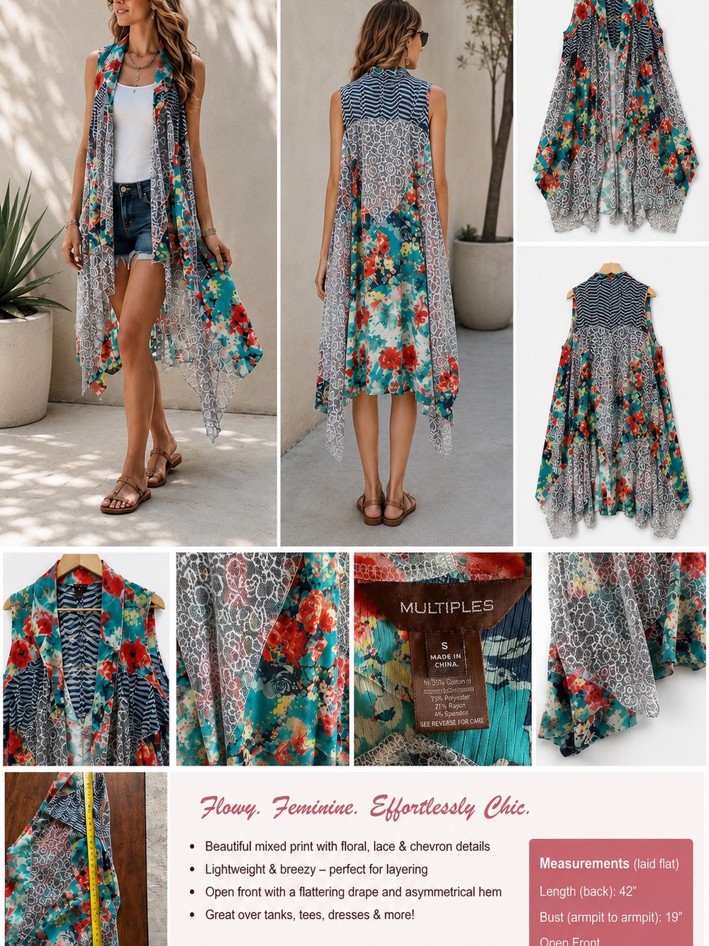 Multiples Floral Lace Chevron Open Drape Vest - Teal, Red, Navy, White